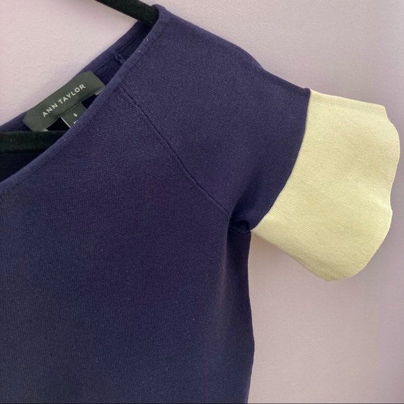 [New] ANN TAYLOR Size S Knit Navy Blue V-neck top with white flutter sleeves - Picture 2 of 2